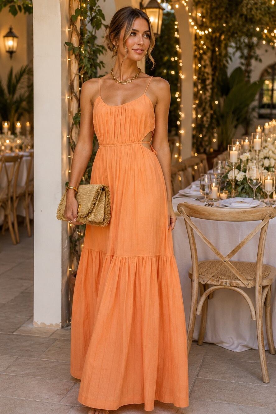 Jonathan Simkhai Lisa Cutout Back Tiered Maxi Dress Orange Peach Size Small